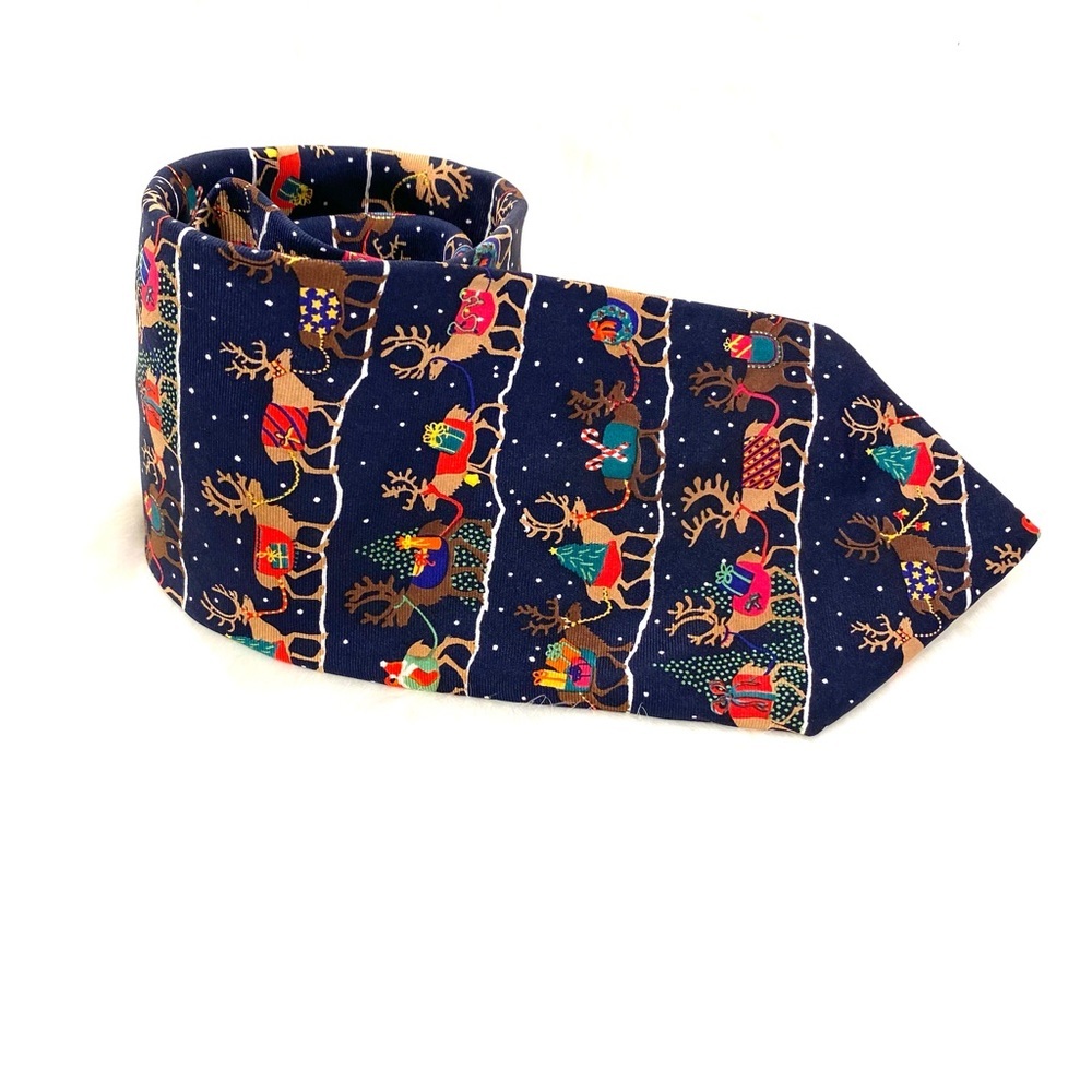 The Cow Polly Bermuda Reindeer Blue Silk Neck Tie